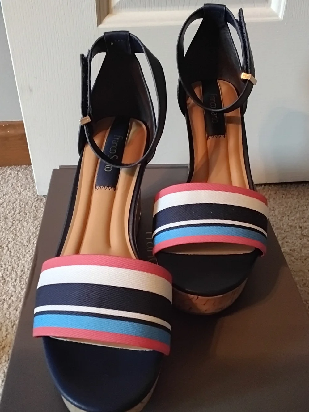 Franco Sarto Clemons Navy Espadrille Wedge Sandals with Multicolor Stripes, 8.5